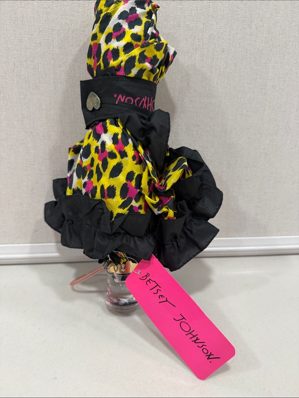 Betsey Johnson Yellow Leopard Print Umbrella with Black Ruffle